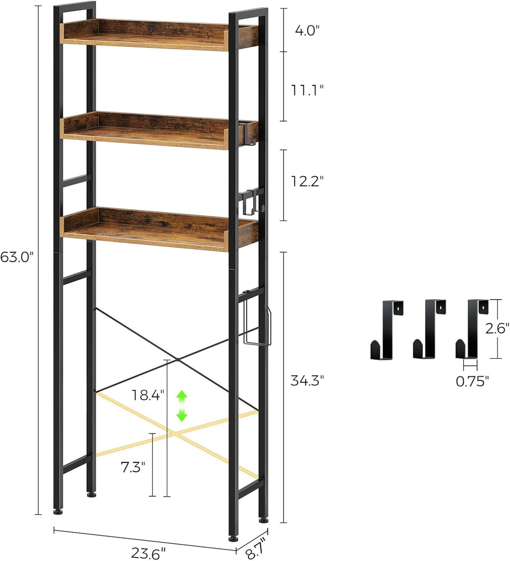 Rolanstar Over The Toilet Storage Rack, 3-Tier Bathroom Organizer Shelf Over Toilet with Adjustable Shelves and Basket Bathroom, Freestanding Space Saver, Rustic Brown