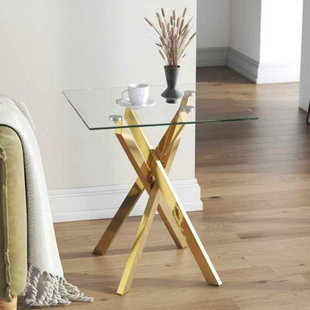 Small Side Table with Chromed Legs, Tempered Glass Square Modern End Table So...
