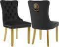 Velvet Dining Chairs Set of 2, Modern Tufted Dining Room Chair, Upholstered Dining Chairs with Lion Head Pulls Ring and Golden Solid Wood Legs, Luxury Kitchen Chairs for Dining Room, Black