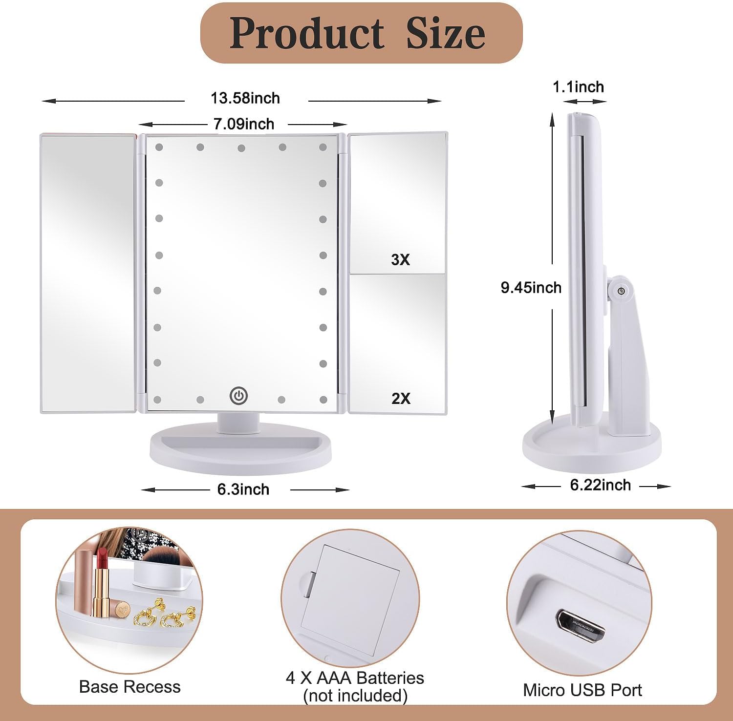 deweisn Floor Mount Tri-Fold Lighted Vanity Mirror with 21 LED Lights, Touch Screen and 3X/2X/1X Magnification, Two Power Supply Modes Make Up Mirror,Travel Mirror