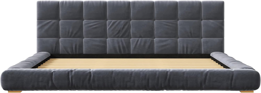 JIVOIT King Size Upholstered Platform Bed, Velvet Headboard Bed Base, Wood Sl...