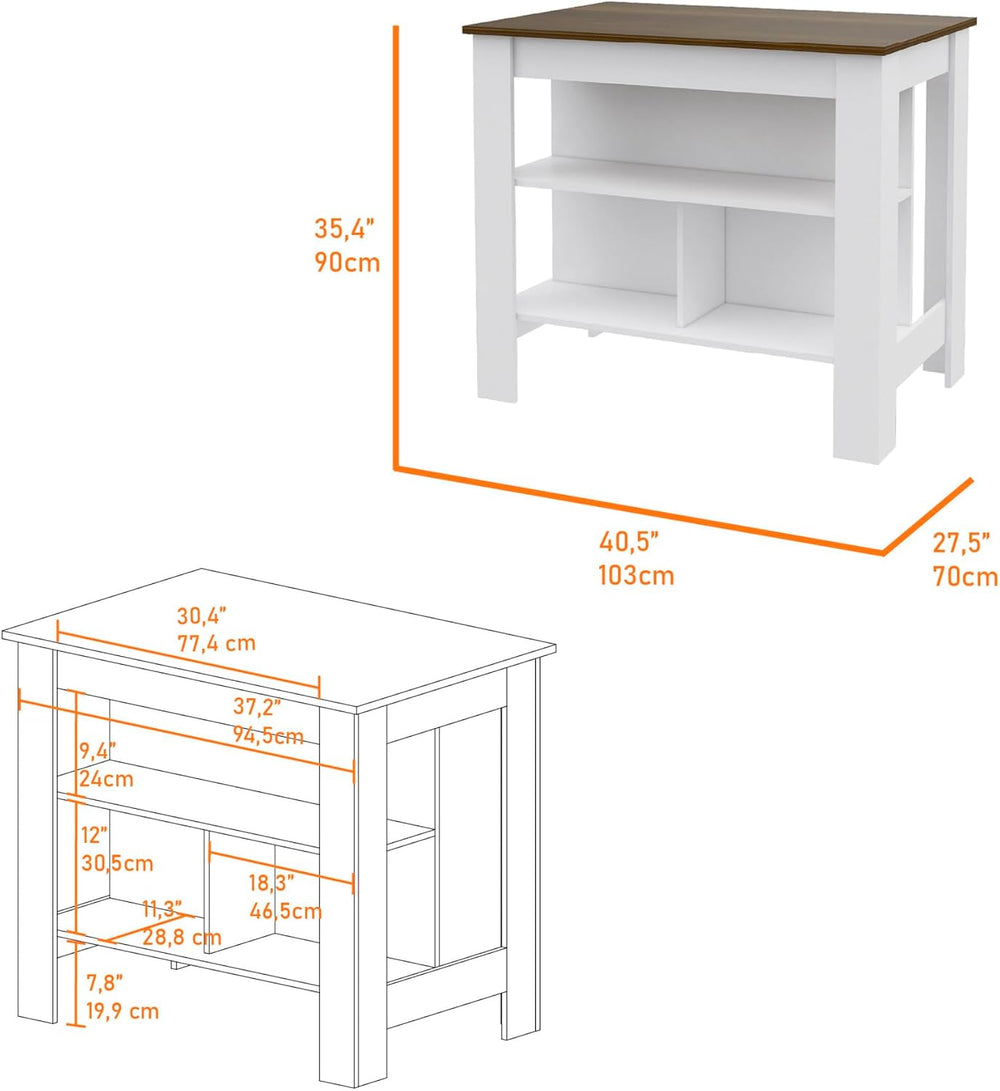 Kitchen Island with Four Legs and Three Shelves - White/Walnut | Three storag...