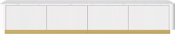 Ball & Cast Luxury Fluted TV Stand with 4 Drawers for TVs up to 85", Modern Media Console w/Faux Marble Tabletop and Gold Base, Curved Profile Design,Entertainment Center for Living Room,White