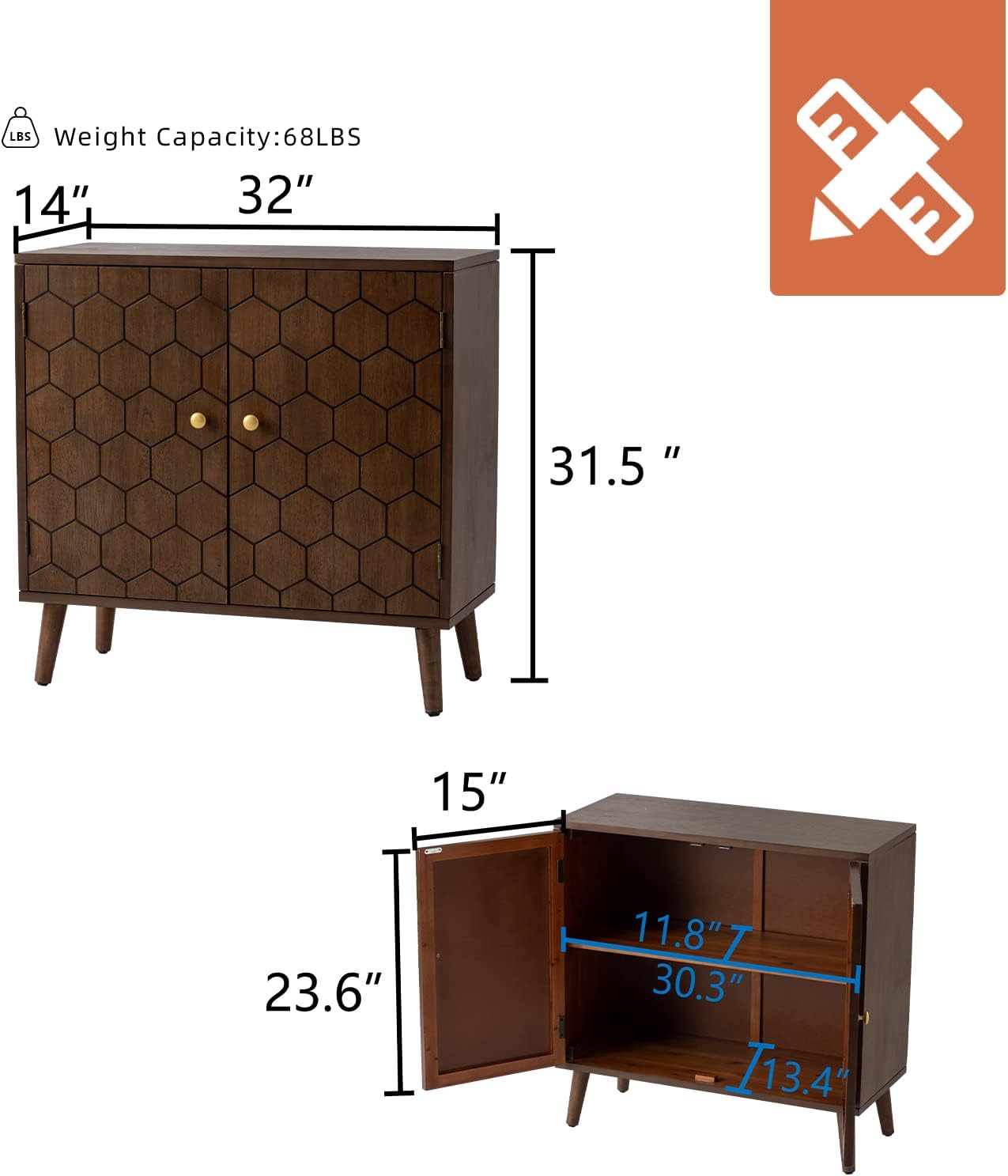 HOMPUS 3 Pieces Sideboard Buffet Cabinet, 32" Accent Cabinet with Doors & Shelves, Storage Cabinet with Honeycomb Pattern Doors, Modern Console Table for Kitchen, Living Room, Easy Assemble,Walnut