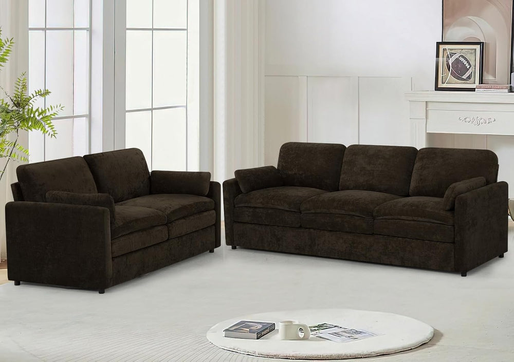 Comfy Chenille Sofa Set with Well-Filled Pillows, Brown | Modern 3 Seater &am...
