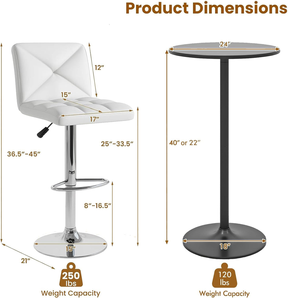 COSTWAY 3 Pieces Bar Table Set, Round Cocktail Table and PU Leather Adjustabl...
