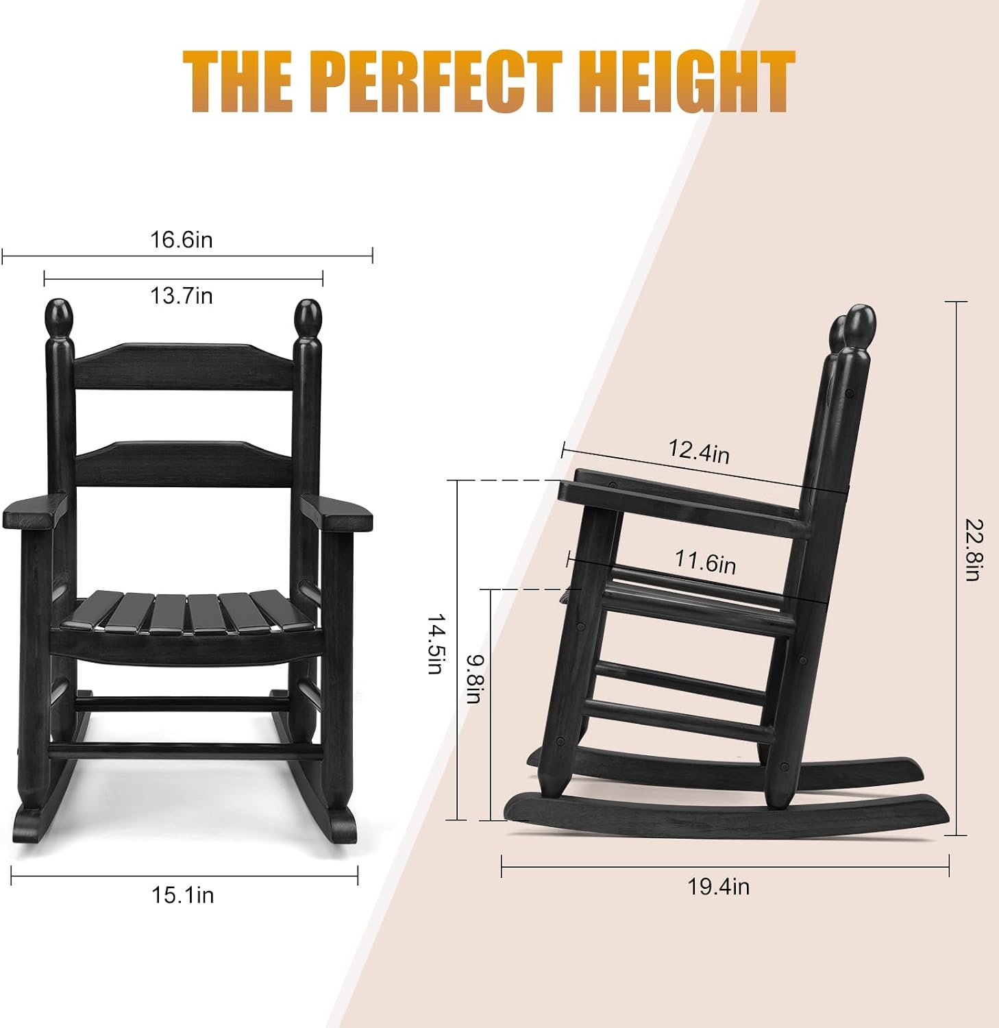 GnL Recsports Child's Wood Porch Rocker - Perfect for Indoor or Outdoor All Weather Rocker for Garden, Lawn, Balcony, Backyard and Patio Use - Suitable for 3-7 Years Old (Black)