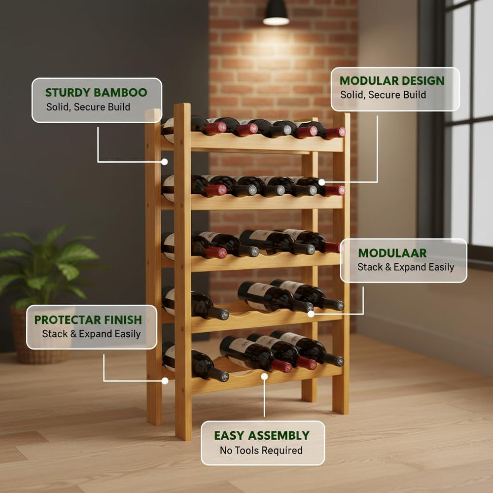NutriChef Bamboo Wine Rack Freestanding Floor, 8-Tier Wooden Wine Storage She...