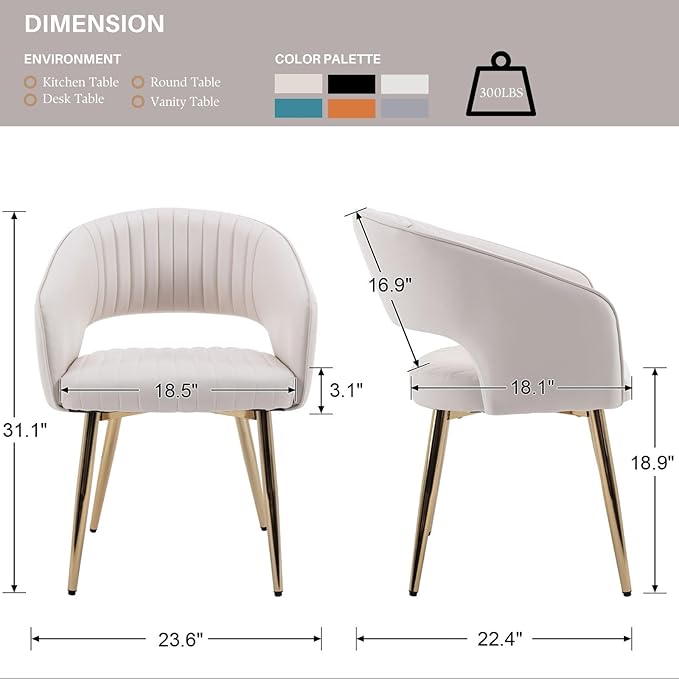 Faux Leather Dining Chairs Gold Legs, Modern Cream PU Leather Dining Room Chairs with Arms Set of 6 Upholstered Accent Chair Armchair with Barrel Back for Kitchen Living Room