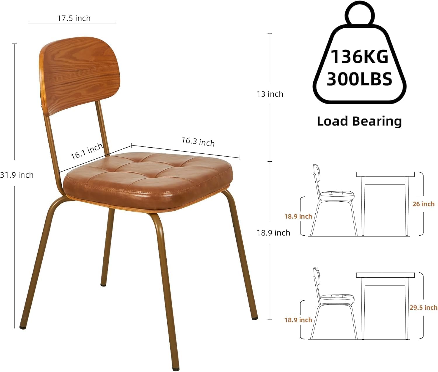 Mid Century Modern Dining Chairs Set of 2, Retro Chair with Faux Leather Upholstered Seat & Solid Wood Backrests & Vintage Distressing Metal Legs & Leg Protectors for Kitchen Dining Room (Brown)