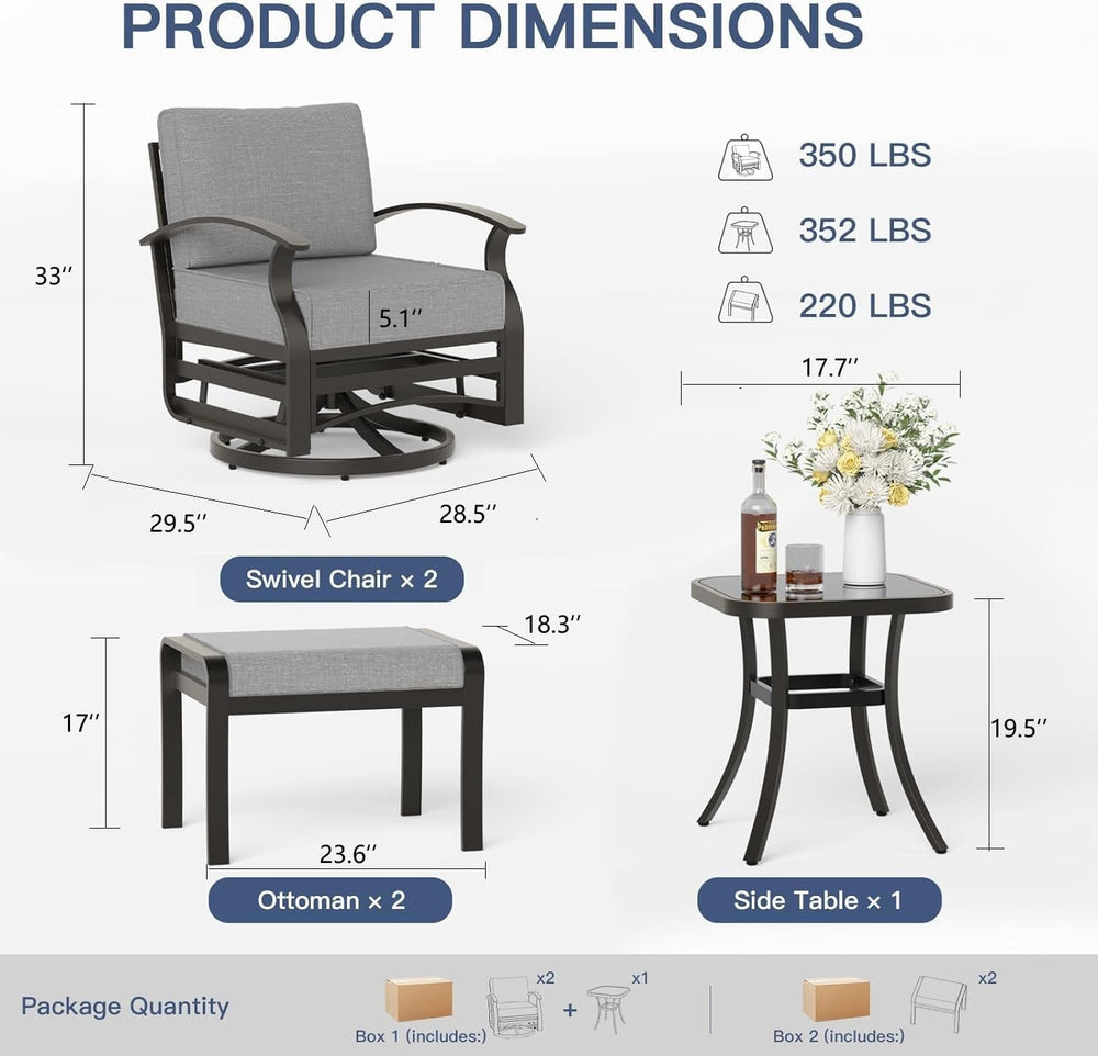 Gotland 5 Piece Patio Set, Aluminum Outdoor Swivel Chairs Set of 2 with 2 Ott...