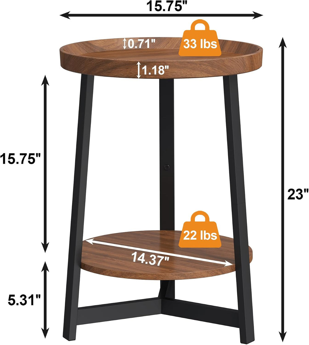 2-Tier Round End Table with Charging Station and Industrial Sofa Side Table,R...