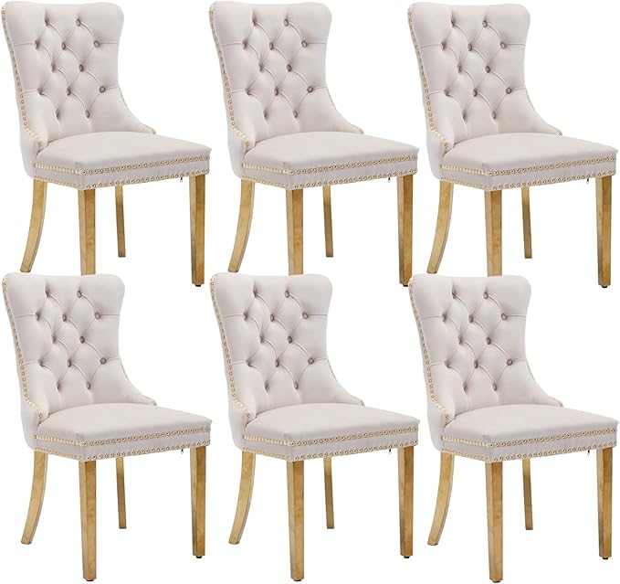 Beige Velvet Dining Chairs Set of 6, Upholstered Dining Room Chairs with Back Ring Pull Trim and Golden Stainless Steel Legs,Modern Kitchen Chairs for Dining Room,Living Room,Kitchen(Beige)