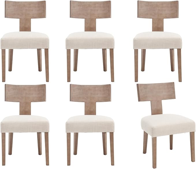 chairus Farmhouse Dining Chairs Set of 6, Upholstered Accent Chairs with Natural T-Shape Wood Back Armless Kitchen Chairs with Soft Pad, Linen Beige