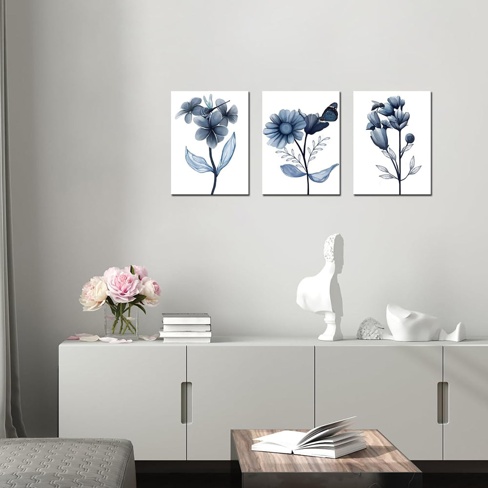 sechars Navy Blue Bathroom Wall Decor Blue Flower with Butterfly Picture Pain...
