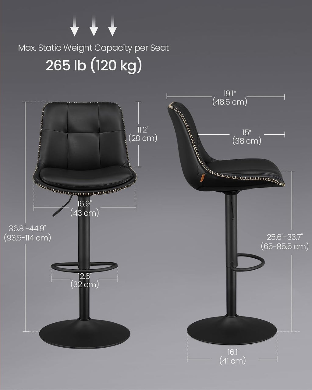 VASAGLE Bar Stools, Set of 4 Swivel Bar Chairs, Adjustable Height, Quilt, Synthetic Leather Kitchen Stools with Back and Footrest, Dining Room, Counter, Steel, Ink Black ULJB095BH01-2J