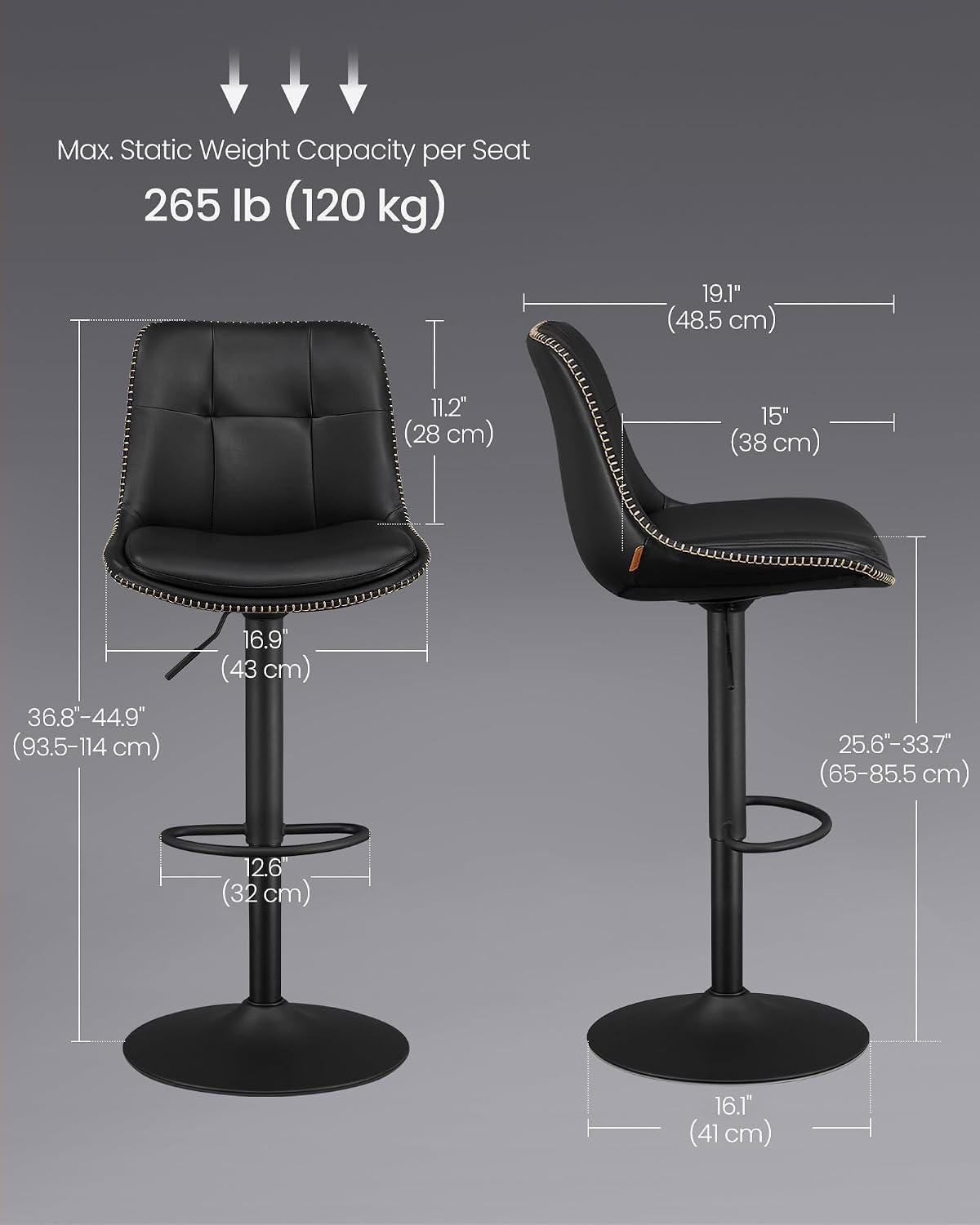 VASAGLE Bar Stools, Set of 4 Swivel Bar Chairs, Adjustable Height, Quilt, Synthetic Leather Kitchen Stools with Back and Footrest, Dining Room, Counter, Steel, Ink Black ULJB095BH01-2J