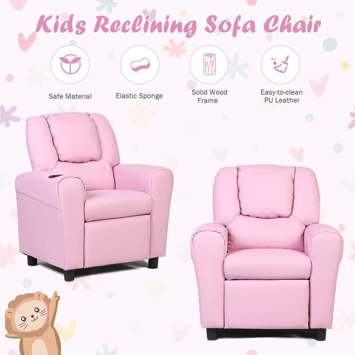 Costzon Kids Recliner Chair with Cup Holder, Toddler Room Furniture Children Armrest Sofa w/Headrest & Footrest for Girls Boys Baby Bedroom, PU Leather Couch (Pink)