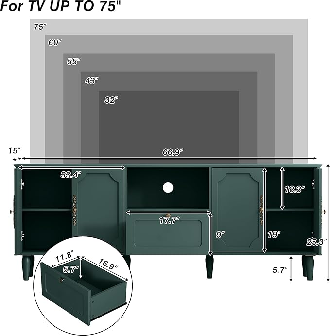 Mid-Century Modern TV Stand for 75+ inch TVs, 67" Entertainment Center with Storage Drawer, Long Media Console with Adjustable Shelves, Wood TV Cabinet for Living Room, Bedroom, Green