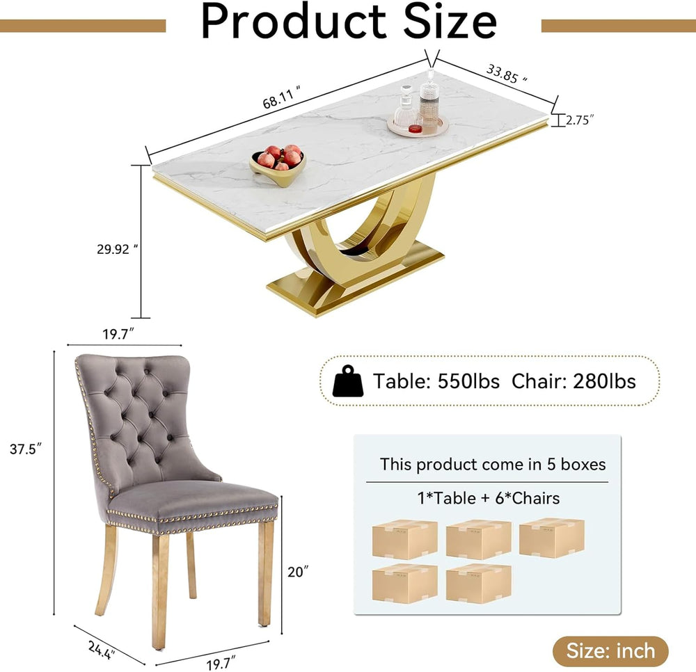 68" Marble Dining Table Set for 6, Luxury White Gold Kitchen Table with ...