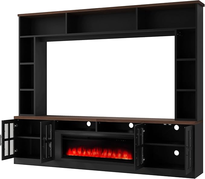 95.5" Wall Unit TV Stand Set with 39.4" Fireplace, Entertainment Center for Televisions Up to 80", Large Media Console with Cabinets and Tempered Glass Doors for Living Room, Black