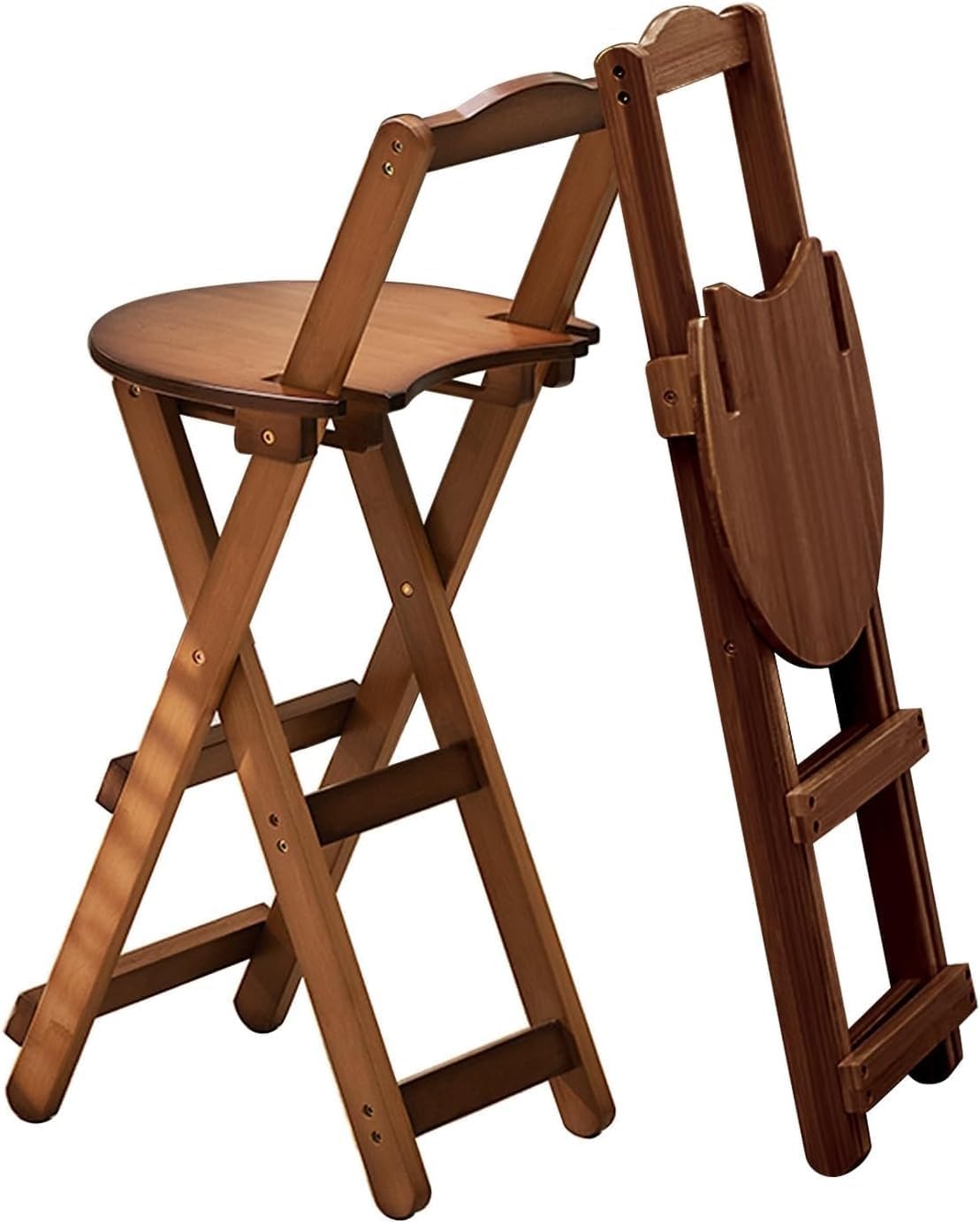 Folding Chairs Bamboo Bar Stools Set of 2, Kitchen Counter Height Stools with Backrest and Footrest,(Brown,Medium)