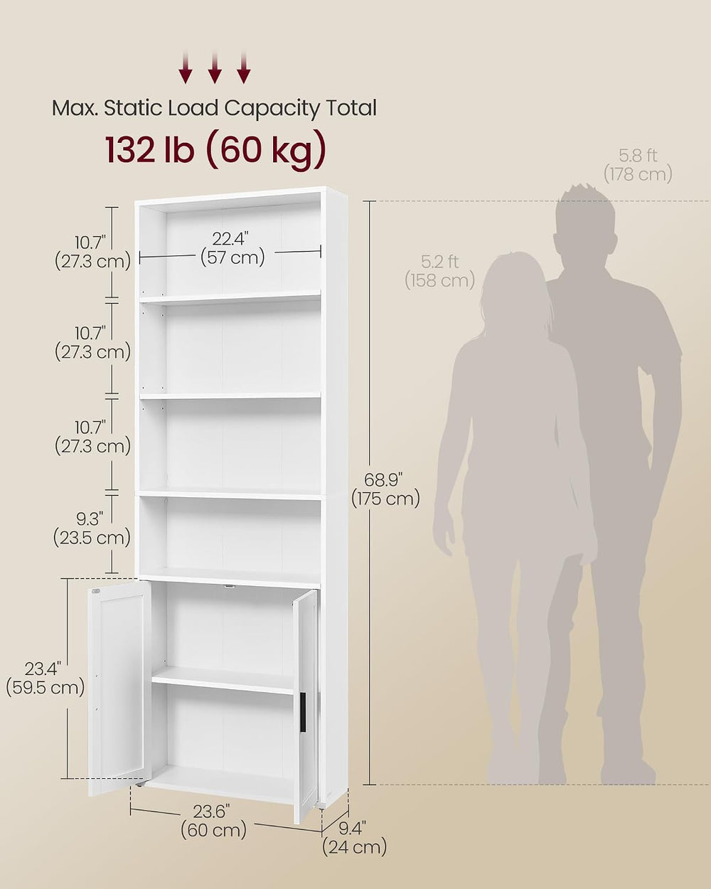 VASAGLE 6-Tier Bookshelf with Doors, 23.6 x 9.4 x 68.9 Inches