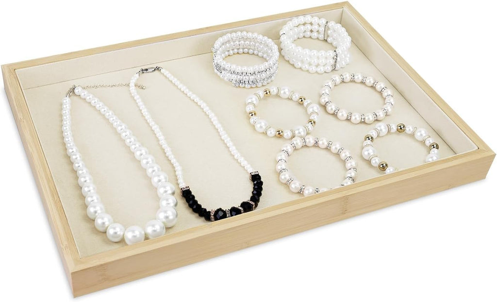 MOOCA 2 Pcs Bamboo Jewelry Display Tray, Presentation Tray, Organizer for Rings, Necklaces, Earrings, and Accessories, Beige Color, 14" W x 9.6" D x 1.2" H
