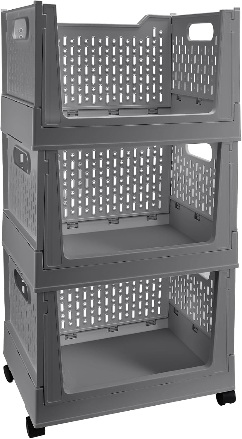 Stackable Plastic Storage Bins, 3 Pack Foldable Closet Organizers and Storage Basket with Wheels, Collapsible Drawer Shelf Storage Box Container for Office Bedroom Closet Wardrobe Kitchen Bathroom