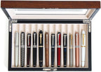 Wooden Pen Display Case – 12 Slot Lockable Fountain Pen Storage Box, Brown Collectors Display with Glass Top, Gift for Men