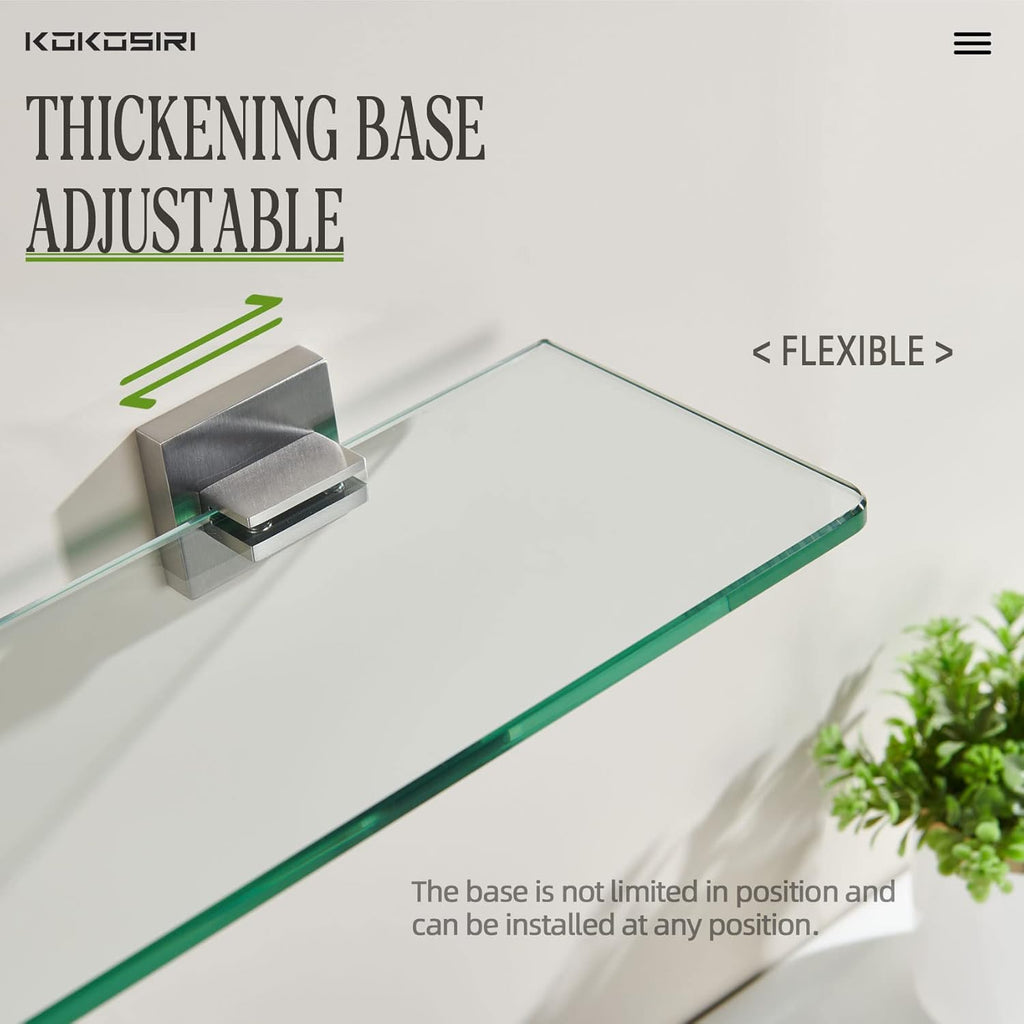 KOKOSIRI Wall Shelves Floating Bathroom Glass Shelf for Kitchen Storage, 12'' x 5.6'' Tempered Glass Wall Mounted Brushed Stainless Steel B1106BR-L12