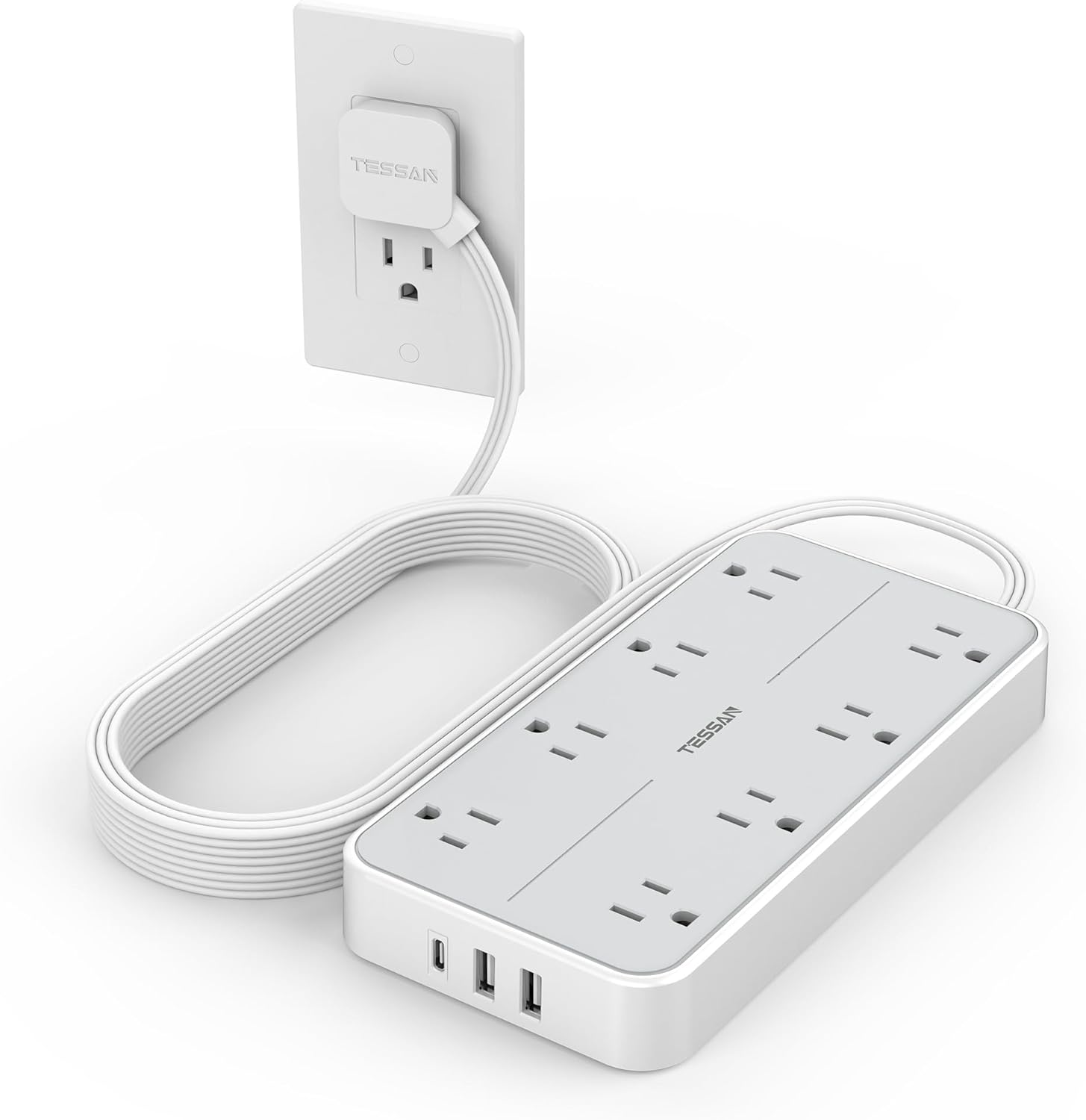 Power Strip Surge Protector 10 FT, TESSAN Flat Plug Extension Cord with 8 Outlets 3 USB Ports(1 USB C), 1080Joules Wall Mountable Multi Port Charging Station for Home Office Dorm Room Essentials