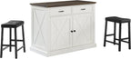 Crosley Furniture Clifton Kitchen Storage Island, Microwave Stand, Coffee Bar and Set of 2 Upholstered Saddle Stools, Distressed White/Black