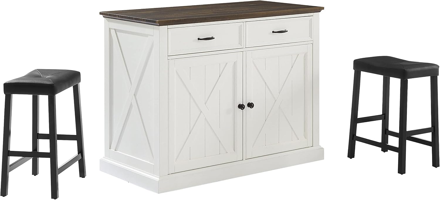 Crosley Furniture Clifton Kitchen Storage Island, Microwave Stand, Coffee Bar and Set of 2 Upholstered Saddle Stools, Distressed White/Black
