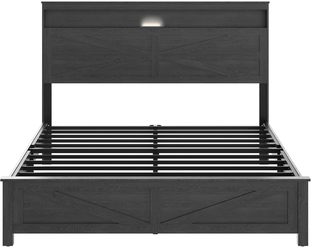 Queen Size Farmhouse Wooden Bed Frame with Storage Headboard