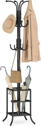 SONGMICS Coat Rack Freestanding with Umbrella Holder, Metal Coat Rack Stand with 12 Hooks, for Entryway, Hallway, Living Room, Bedroom, Ink Black URCR082BH02S