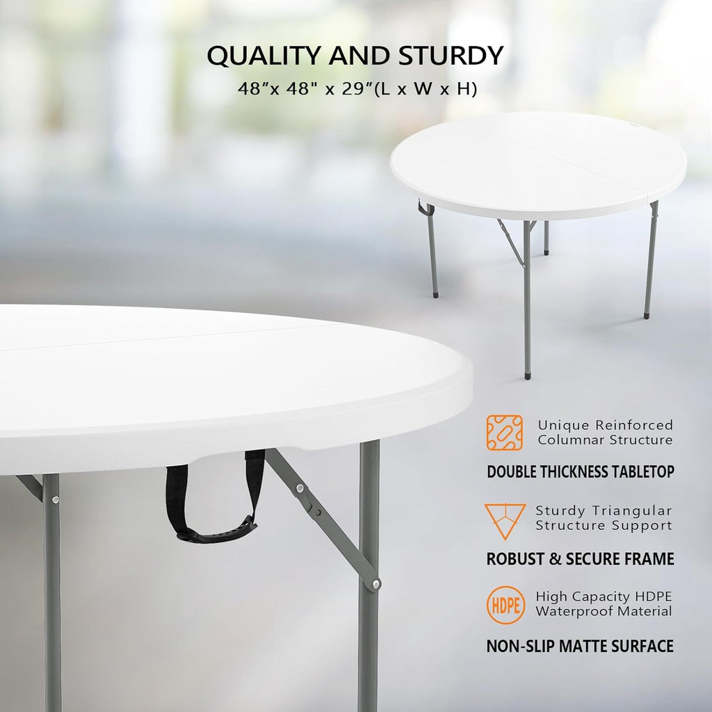 VINGLI White 48" Round Bi-Folding Commercial Table, 4 Feet Portable Plastic Dining Card Table for Kitchen or Outdoor Party Wedding Event, 1-Pack