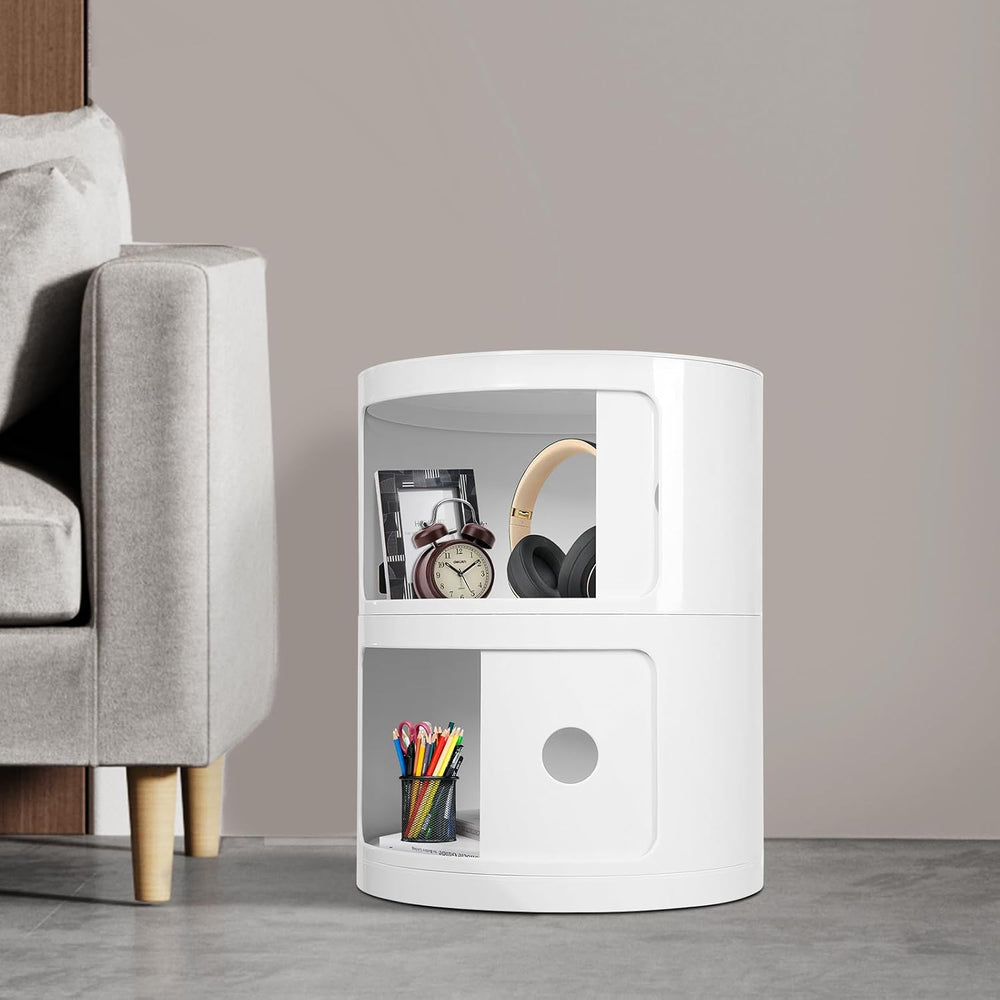 2-Tier Circular Nightstand, Round Nightstand, Circular Side Table with Drawer...