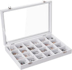 Frebeauty Jewelry Organizer Tray with Clear Lid 24 Grid Velvet Drawer Insert Jewelry Storage box with Transparent Glass lid Jewelry Display Case with Lock Gifts for Girls Women (White, 24 Grid)