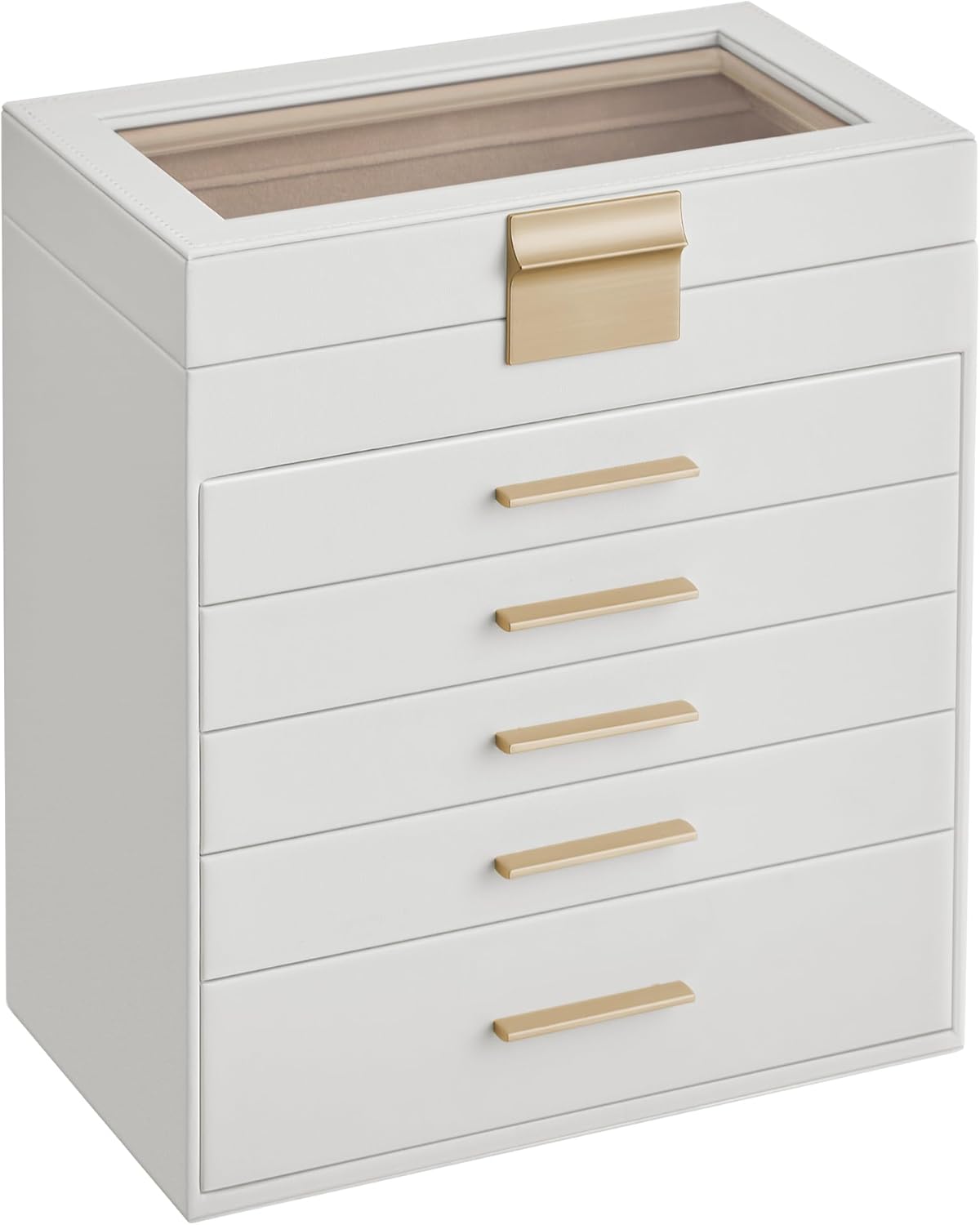 SONGMICS Jewelry Box Organizer with Glass Lid, 6-Layer Jewelry Storage, with 5 Drawers, Modern Style, Christmas Gift, 6.4 x 9.9 x 11.4 Inches, Cloud White and Gold Color UJBC171W01