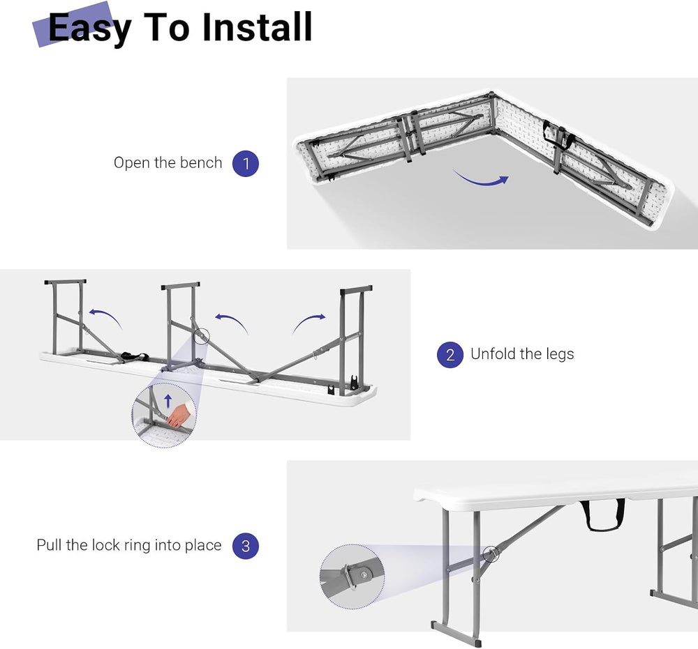 Folding Bench 6ft,Portable Plastic Bench Seat with Handle,White,2 Pack | Heav...