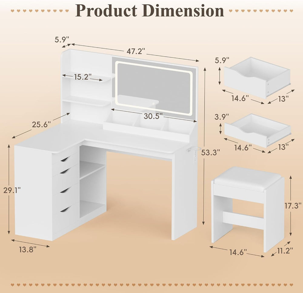 JUMMICO Makeup Vanity Desk with Mirror and Lights, L- Shaped Vanity, White | ...