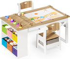 Befrases Kids Art Table and Chairs, Toddler Craft Table and 2 Chairs Set with Roll Paper, Large Activity Desk with 6 Colorful Paint Cups & Storage for Drawing, Learning and Reading
