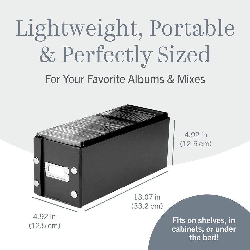 Snap-N-Store CD Storage Box - 2 Pack - Durable 5.1 x 5.1 x 13.2 Inch Disc Holders with Lids to Store up to 52 CDs - Black