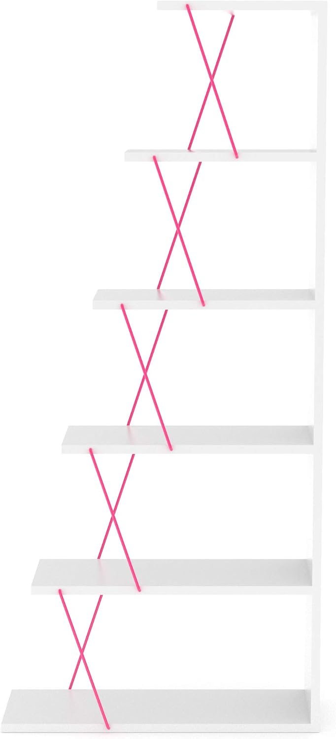 5 Tier Ladder Bookshelf Organizers, Narrow Bookshelf for Small Spaces Office Furniture Bookcase,White,Pink