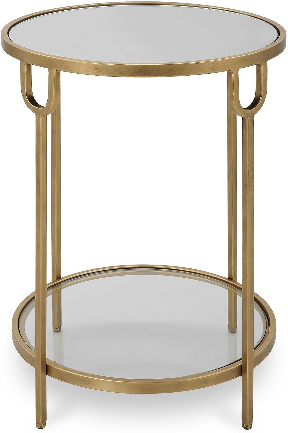 Two Tier Round Accent Table Antique Gold Iron Frame Mirrored Top Tempered Gla...