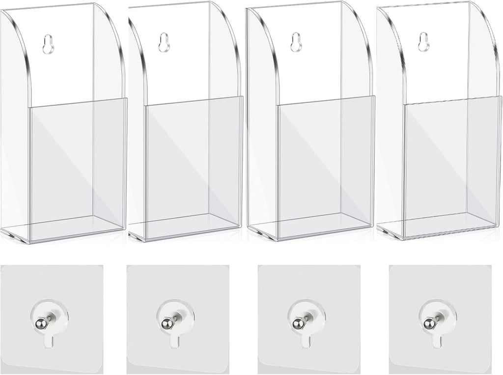 4 Pieces Acrylic Remote Control Holder Clear Wall Mount Media Organizer Single Compartment Pen Holder for Wall Pencil Holder TV Remote Holder Wall Mount Storage Box for File Makeup Marker Brush Phone