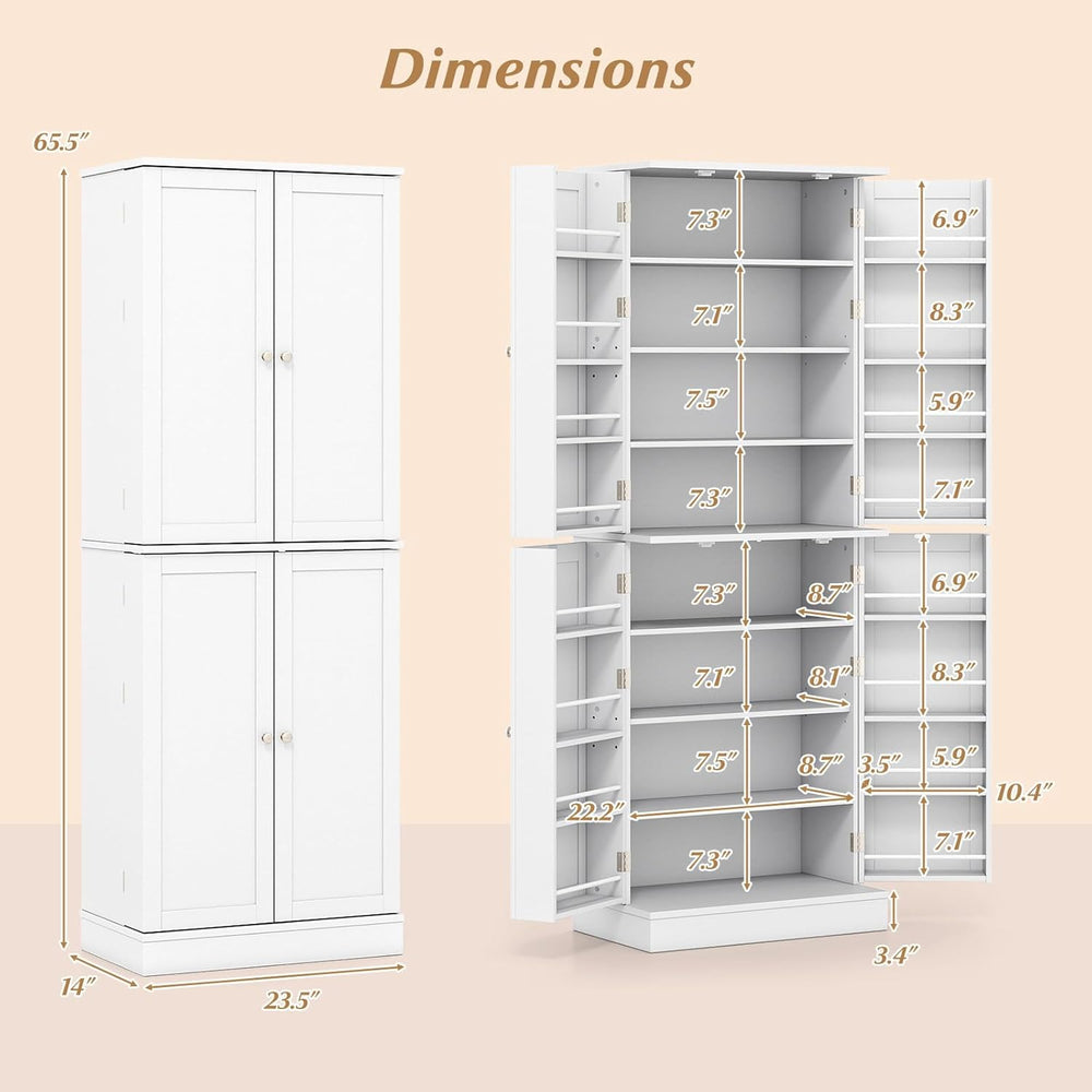 Byroce 65.5” Kitchen Pantry Cabinet, Storage Cabinet with 4 Doors & 8-Tie...