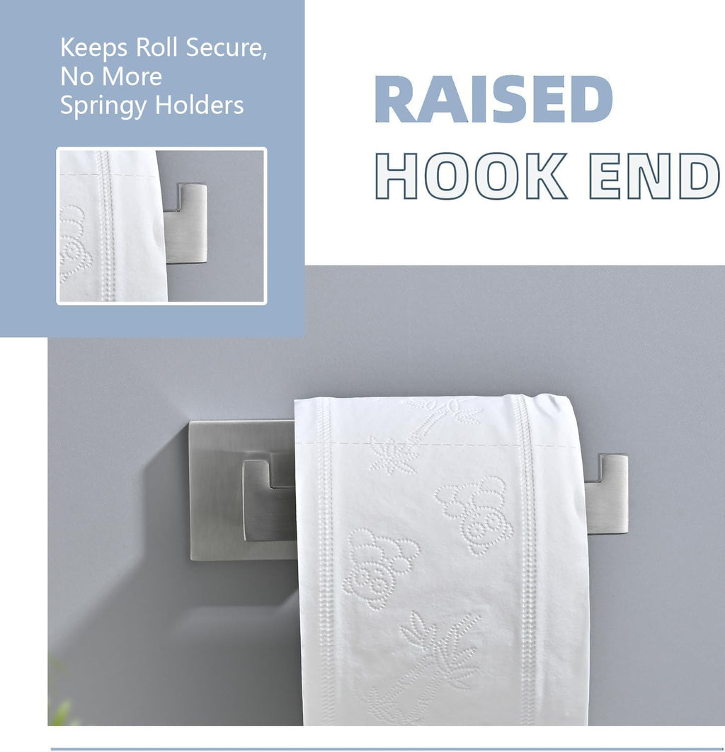3PCS Bathroom Hardware Set, Brushed Nickel Toilet Paper Holder, 2 Square Towel Robe Hooks, SUS 304 Stainless Steel, Wall Mounted, Modern, Rust‑Resistant (Silvery)