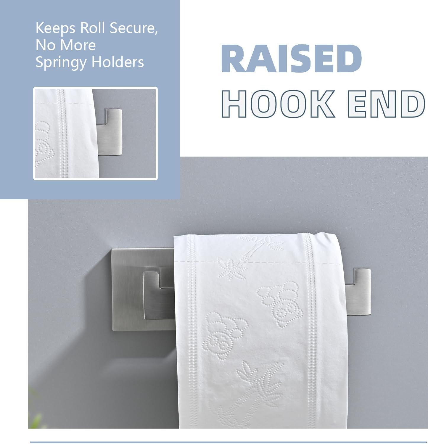 3PCS Bathroom Hardware Set, Brushed Nickel Toilet Paper Holder, 2 Square Towel Robe Hooks, SUS 304 Stainless Steel, Wall Mounted, Modern, Rust‑Resistant (Silvery)